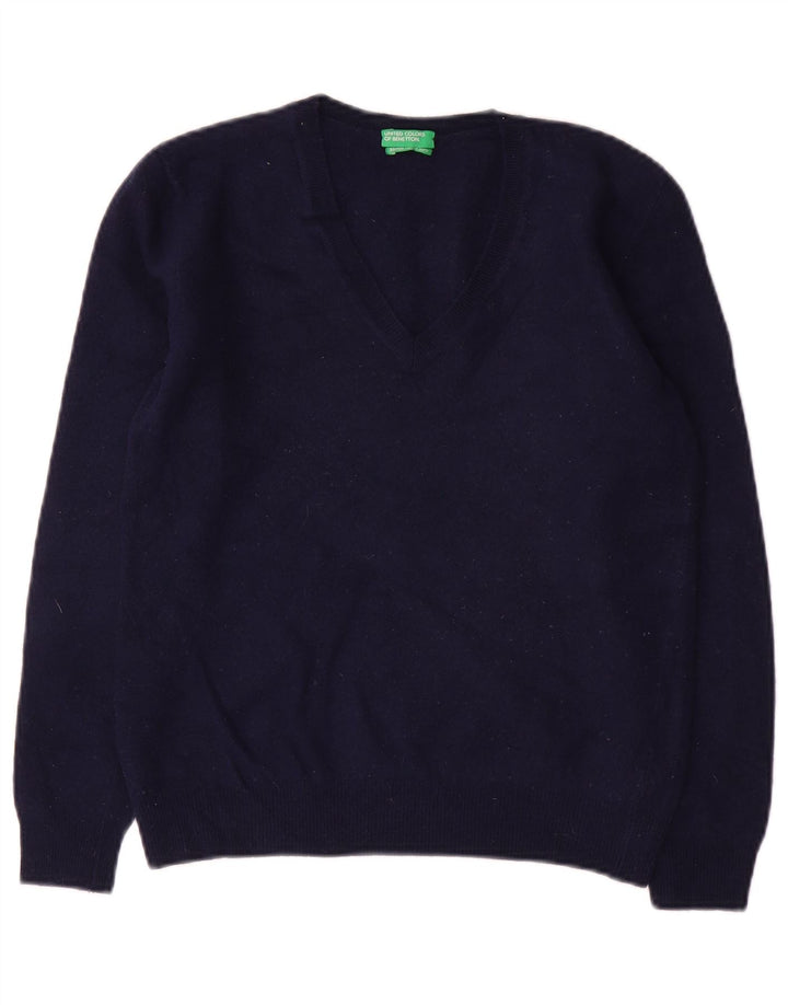 BENETTON Womens Crop V-Neck Jumper Sweater UK 10 Small Navy Blue