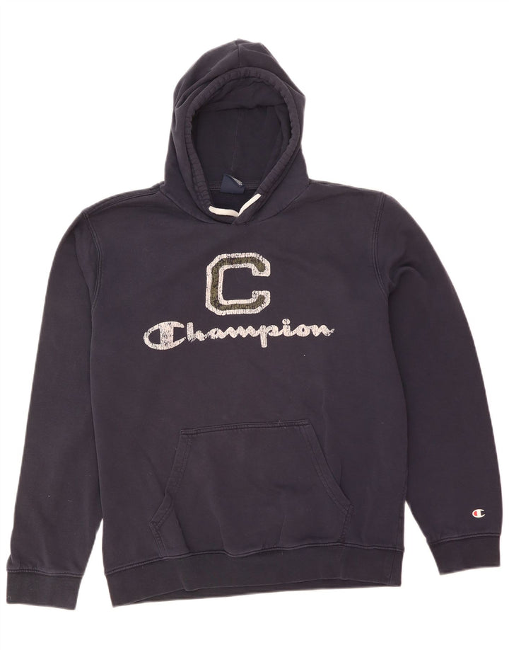 Champion Mens Graphic Hoodie Jumper Medium Navy Blue Cotton