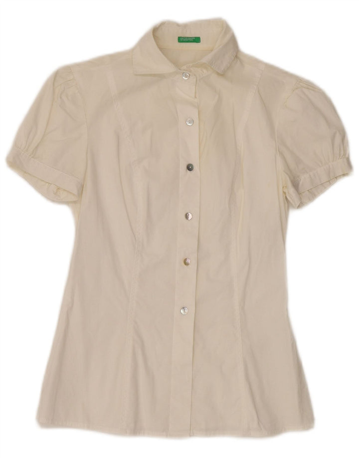 BENETTON Womens Short Sleeve Shirt Blouse UK 8 Small Off White