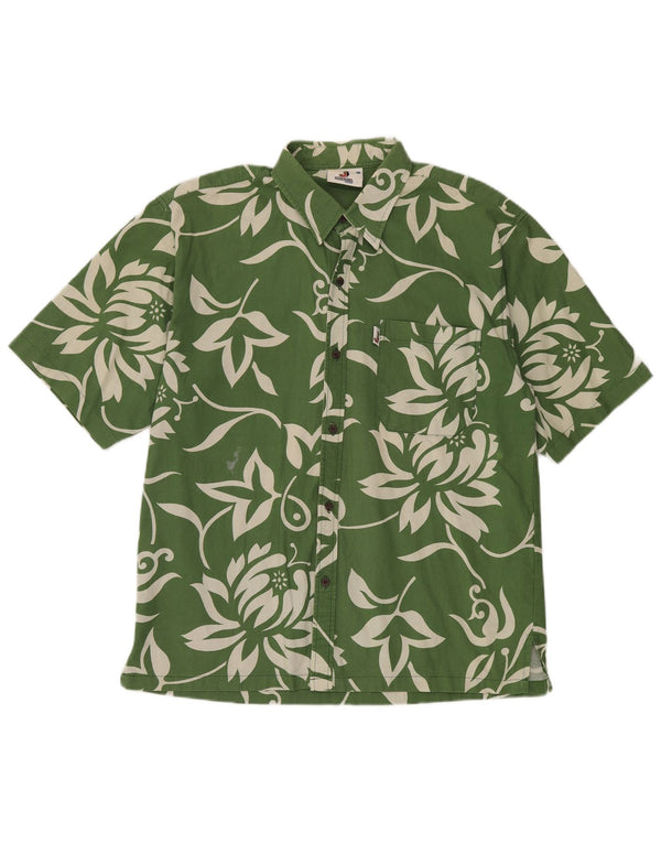 Mens Short Sleeve Shirt Large Green Floral Cotton Hawaiian
