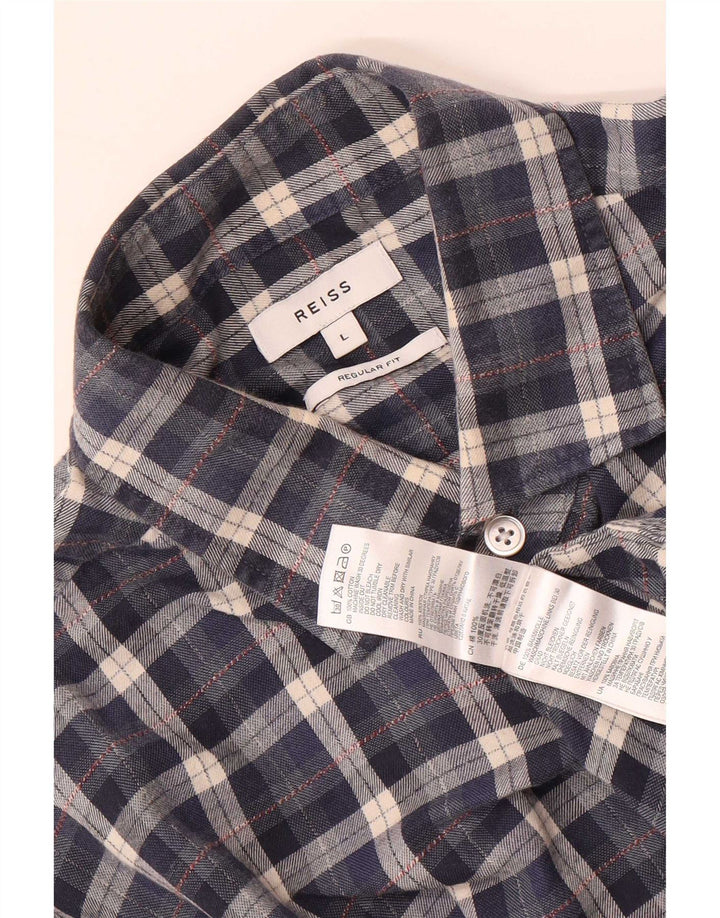 Reiss Mens Regular Fit Flannel Shirt Large Navy Blue Check Cotton