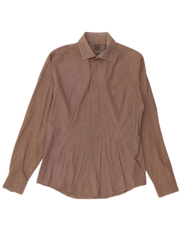 Calvin Klein Mens Slim Fit Shirt Size 41 16 Large Brown Cotton
