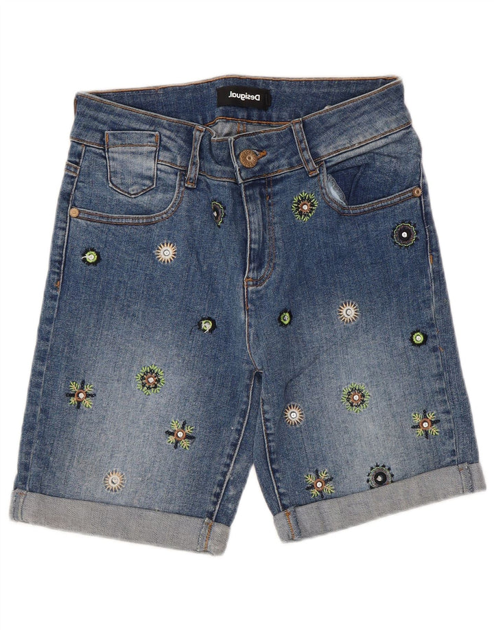 Desigual Womens Denim Denim Shorts W26 Small Blue Floral Cotton