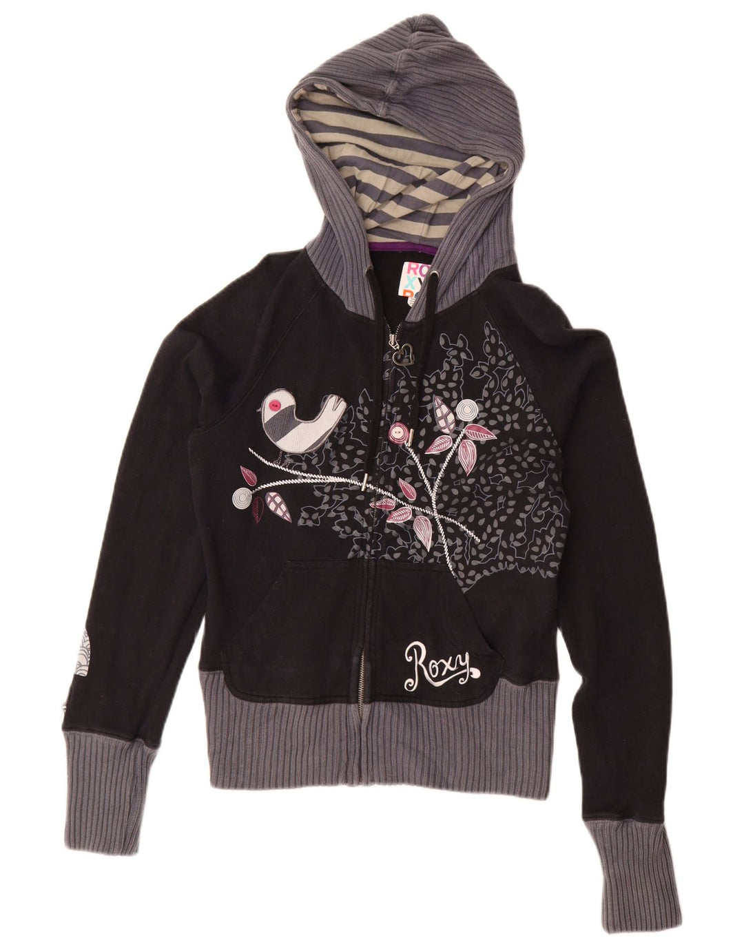 Roxy Womens Crop Graphic Zip Hoodie Sweater UK 12 Medium Black Floral