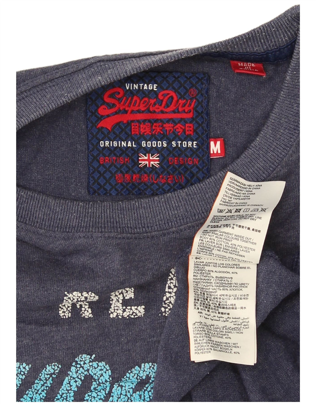 Superdry Mens Graphic T-Shirt Top Medium Navy Blue Cotton