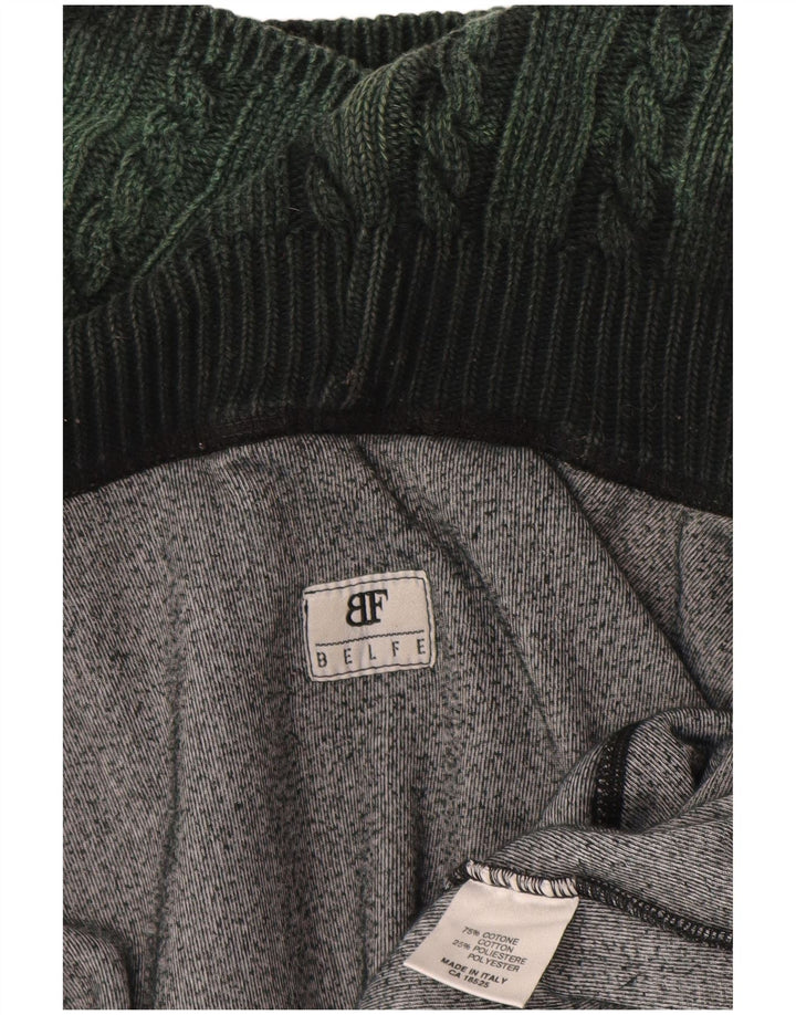Belfe Mens Roll Neck Graphic Top Long Sleeve Large Green Cotton