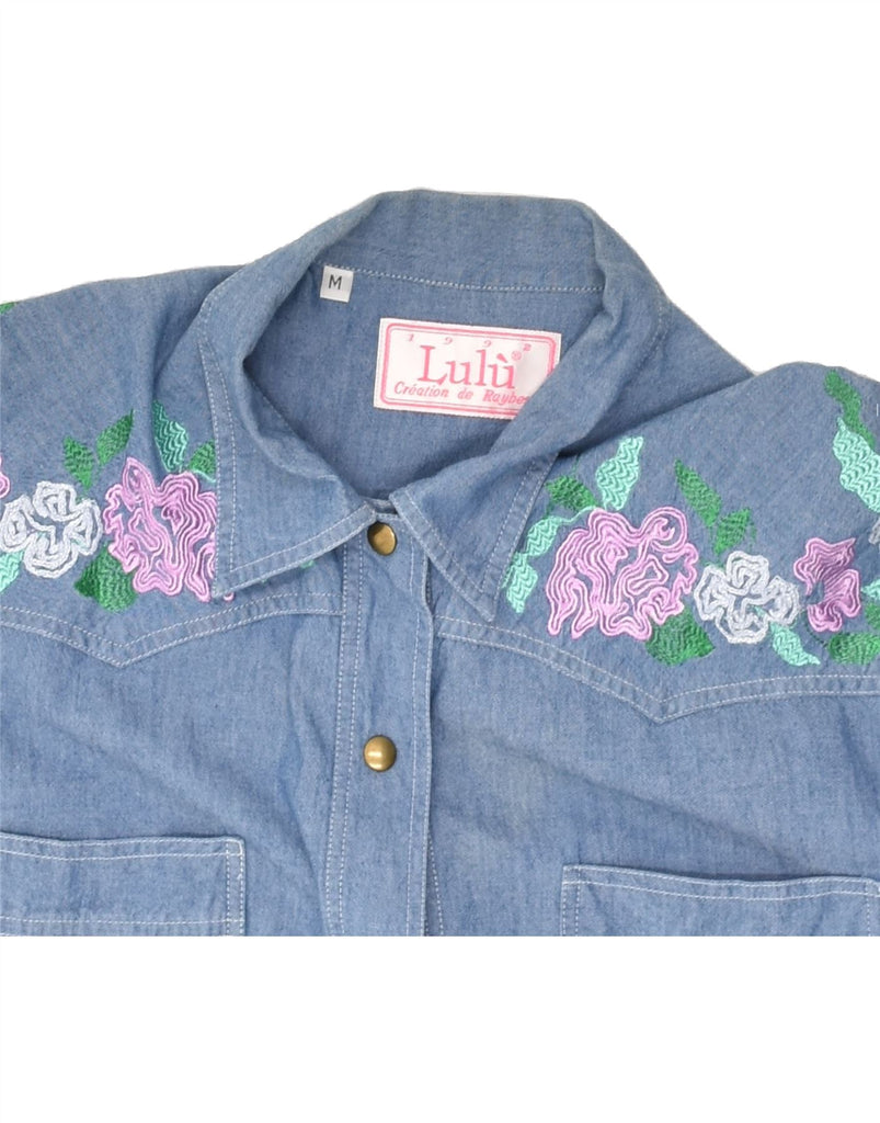 VINTAGE Womens Short Sleeve Denim Shirt UK 14 Medium Blue Floral | Vintage Vintage | Thrift | Second-Hand Vintage | Used Clothing | Messina Hembry 