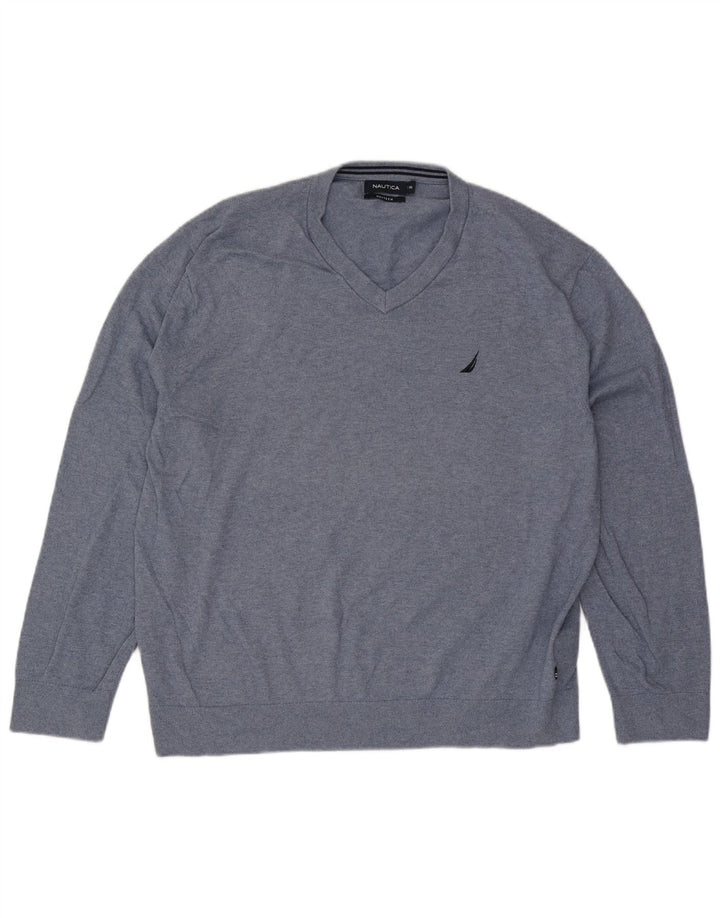 Nautica Mens V-Neck Jumper Sweater 2XL Blue Cotton