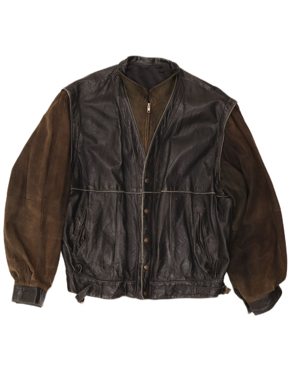 Vintage Mens Leather Jacket IT 56 3XL Black Colourblock Leather