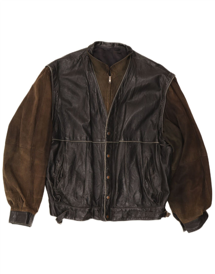 Vintage Mens Leather Jacket IT 56 3XL Black Colourblock Leather