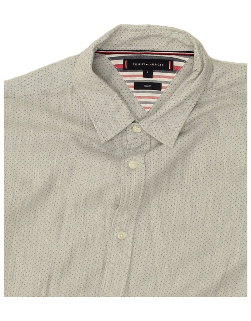 TOMMY HILFIGER Mens Slim Fit Shirt Large Grey Spotted Cotton | Vintage Tommy Hilfiger | Thrift | Second-Hand Tommy Hilfiger | Used Clothing | Messina Hembry 