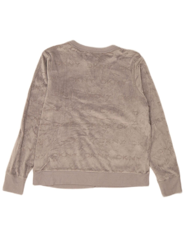 Dkny Womens Graphic Velour Sweatshirt Jumper UK 10 Small Grey Polyester