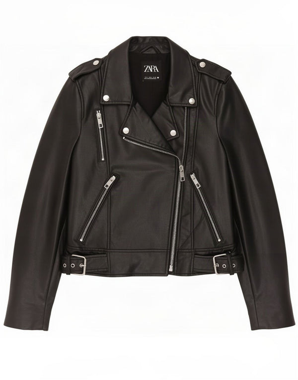 Zara Womens Faux Leather Biker Jacket UK 10 Small Black