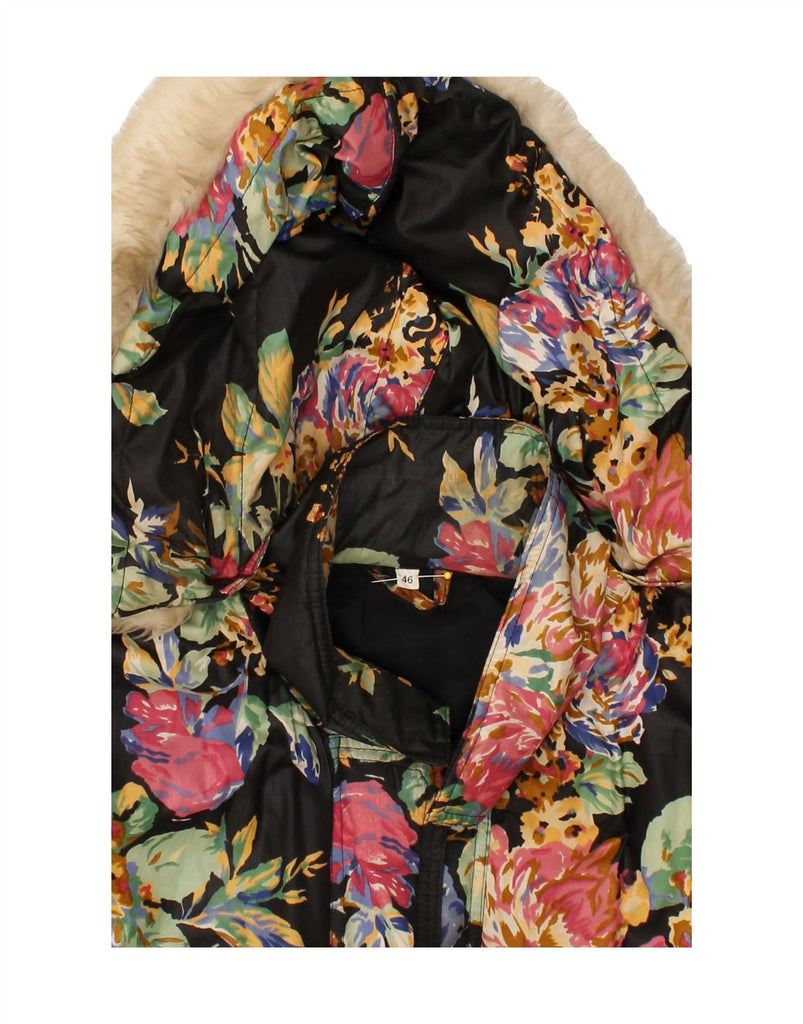 VINTAGE Womens Hooded Parka Jacket IT 46 Large Black Floral Polyester | Vintage Vintage | Thrift | Second-Hand Vintage | Used Clothing | Messina Hembry 