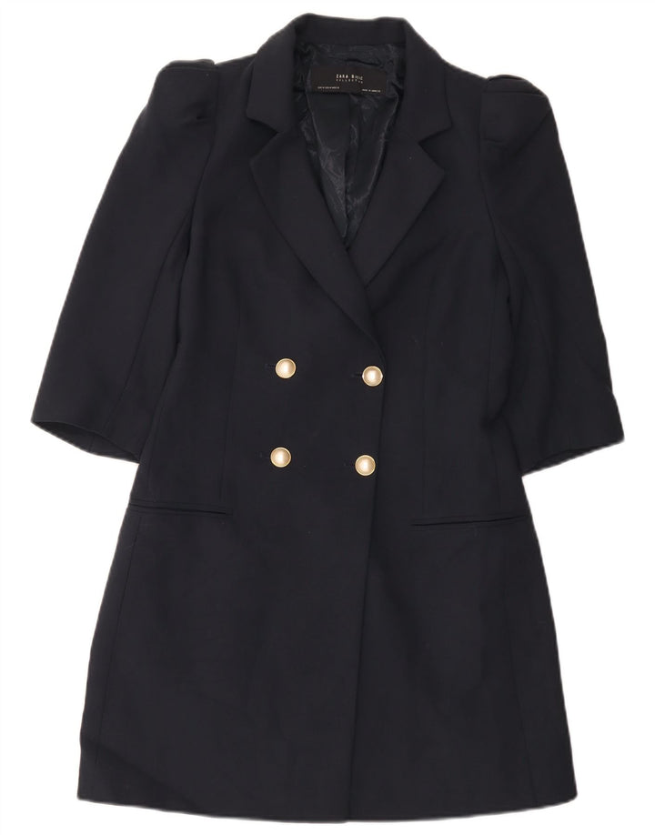 Zara Womens Longline Double Breasted Blazer Jacket UK 12 Medium Navy Blue