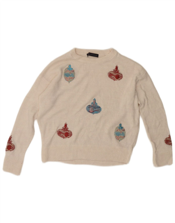 Marks & Spencer Womens Graphic Boat Neck Jumper Sweater UK 10 Small White