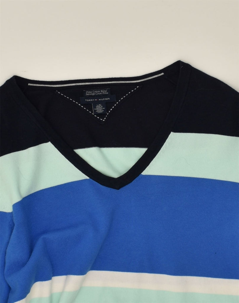 TOMMY HILFIGER Womens V-Neck Jumper Sweater UK 14 Large Blue Striped | Vintage Tommy Hilfiger | Thrift | Second-Hand Tommy Hilfiger | Used Clothing | Messina Hembry 