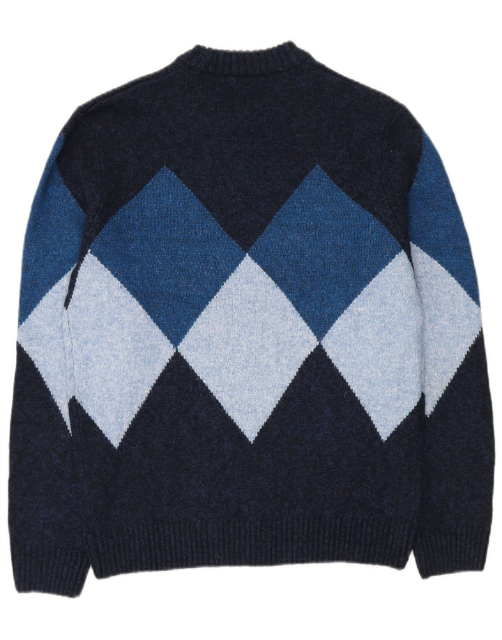 C & A Mens Crew Neck Jumper Sweater Small Navy Blue Argyle/Diamond