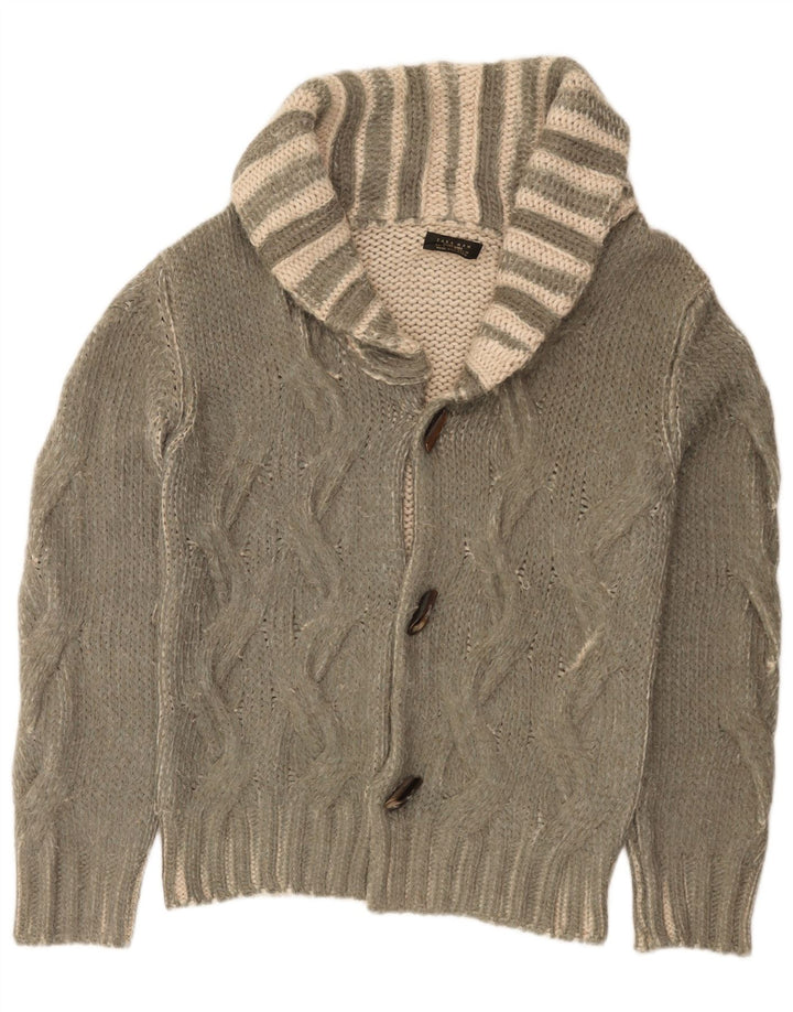 Zara Mens Cardigan Sweater Medium Khaki Striped Acrylic