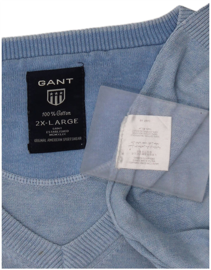 Gant Mens V-Neck Jumper Sweater 2XL Blue Cotton