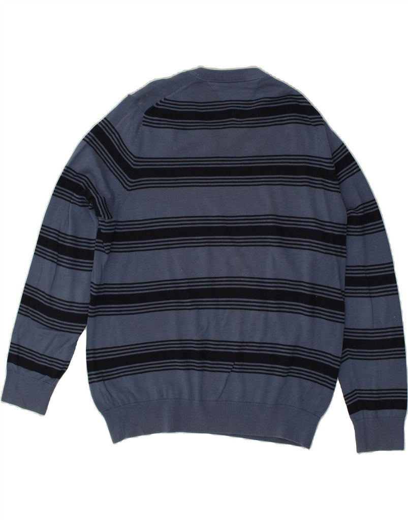 TOMMY HILFIGER Mens V-Neck Jumper Sweater Large Blue Striped Cotton | Vintage Tommy Hilfiger | Thrift | Second-Hand Tommy Hilfiger | Used Clothing | Messina Hembry 