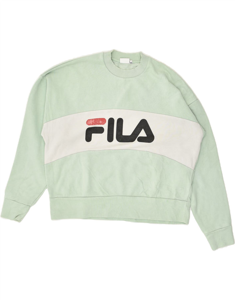 FILA Womens Oversized Graphic Sweatshirt Jumper UK 6 XS Green Colourblock | Vintage Fila | Thrift | Second-Hand Fila | Used Clothing | Messina Hembry 