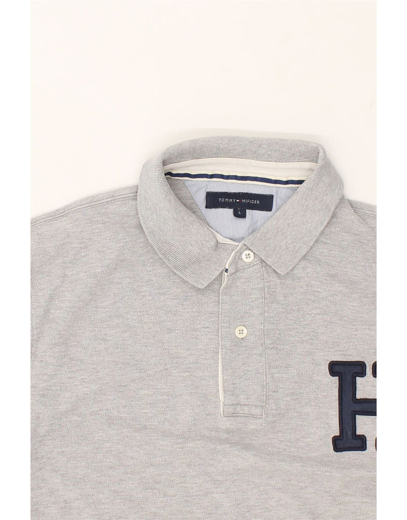 TOMMY HILFIGER Mens Graphic Polo Shirt Large Grey Cotton | Vintage Tommy Hilfiger | Thrift | Second-Hand Tommy Hilfiger | Used Clothing | Messina Hembry 