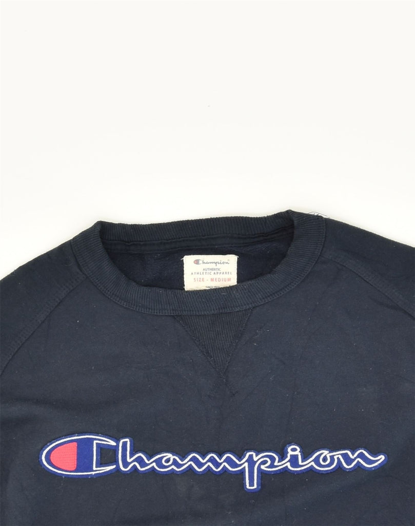 CHAMPION Mens Graphic Sweatshirt Jumper Medium Navy Blue Cotton | Vintage Champion | Thrift | Second-Hand Champion | Used Clothing | Messina Hembry 