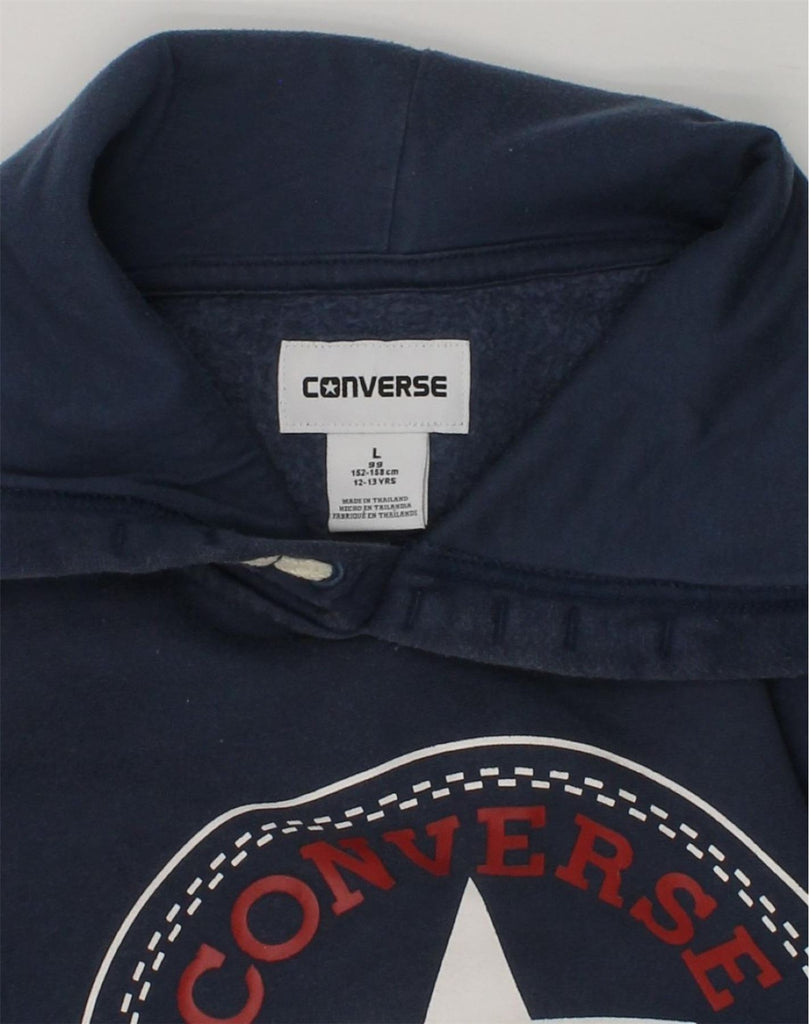 CONVERSE Boys Graphic Hoodie Jumper 12-13 Years Large  Navy Blue Cotton | Vintage Converse | Thrift | Second-Hand Converse | Used Clothing | Messina Hembry 