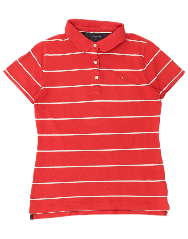 TOMMY HILFIGER Womens Polo Shirt UK 12 Medium Red Striped Cotton