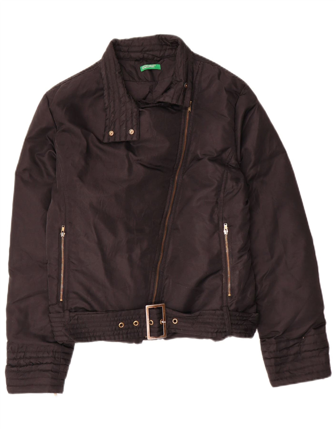 Benetton Womens Oversized Crop Padded Biker Jacket UK 10 Small Black Nylon