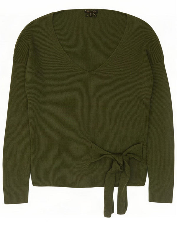 Massimo Dutti Womens V-Neck Jumper Sweater UK 16 Large Green Wool
