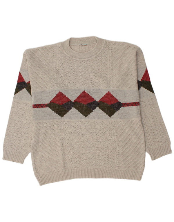 Vintage Mens Crew Neck Jumper Sweater Large Beige Argyle/Diamond Acrylic