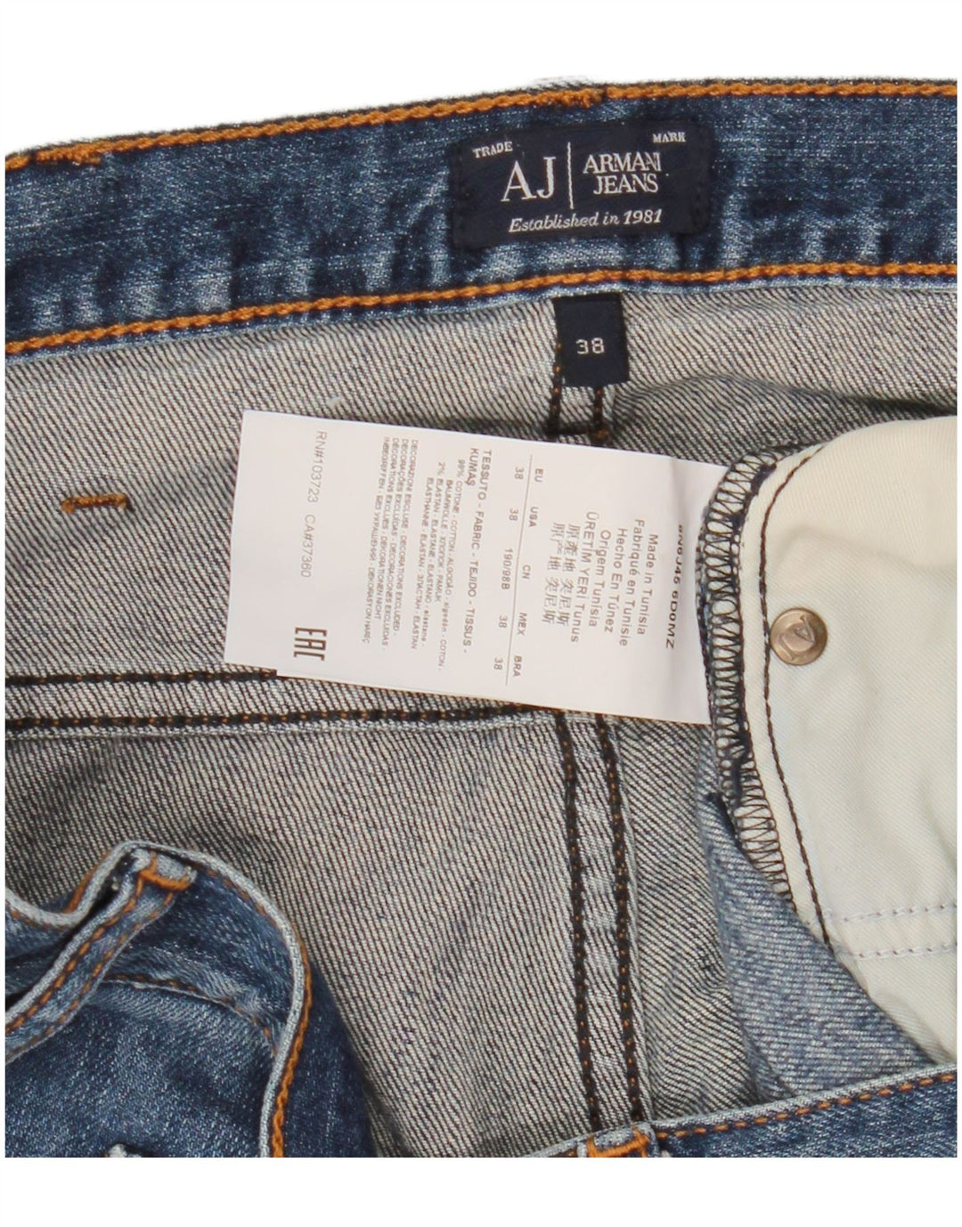 Armani Mens Straight Jeans W38 L35 Navy Blue Cotton