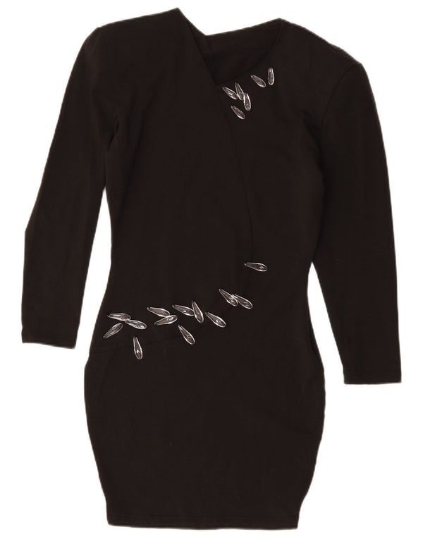 Vintage Womens Long Sleeve Bodycon Dress UK 12 Medium Black Viscose