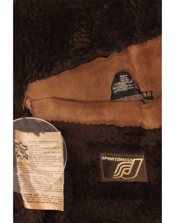 Vintage Mens Shearling Double Breasted Coat IT 46 Small Brown Leather