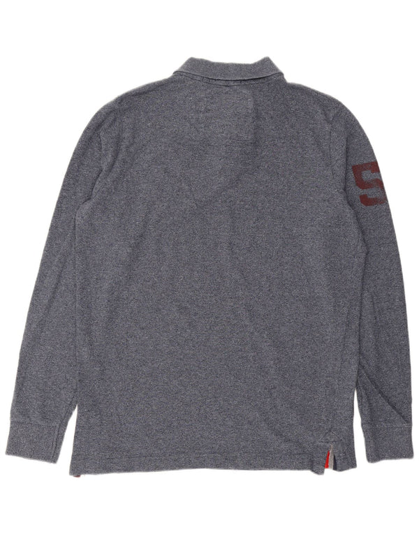 Superdry Mens Graphic Long Sleeve Polo Shirt 2XL Navy Blue Flecked Cotton