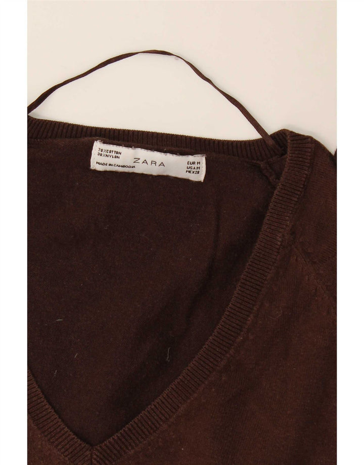 Zara Womens V-Neck Jumper Sweater UK 12 Medium Brown Cotton