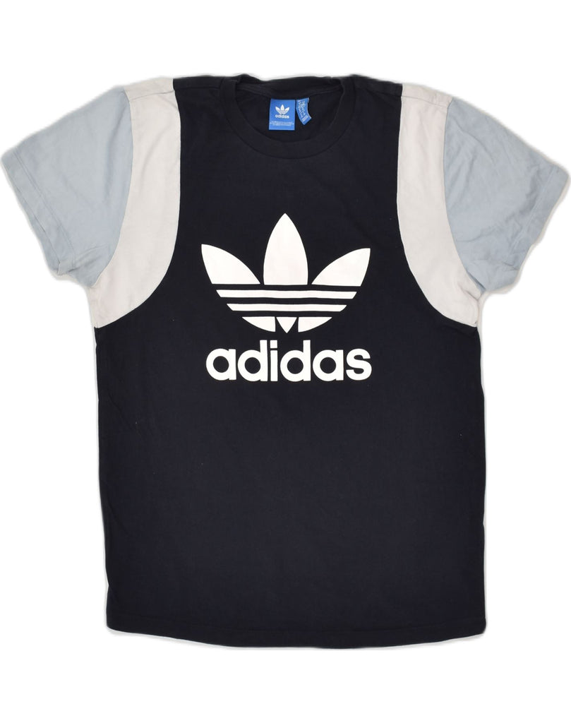 ADIDAS Womens Graphic T-Shirt Top UK 6 XS  Navy Blue Colourblock Cotton | Vintage Adidas | Thrift | Second-Hand Adidas | Used Clothing | Messina Hembry 