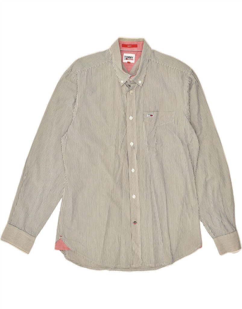 TOMMY HILFIGER Mens Slim Fit Shirt Large Grey Striped Cotton | Vintage Tommy Hilfiger | Thrift | Second-Hand Tommy Hilfiger | Used Clothing | Messina Hembry 