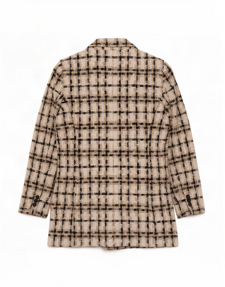 Zara Womens Double Breasted Blazer Jacket UK 12 Medium Beige Check Acrylic