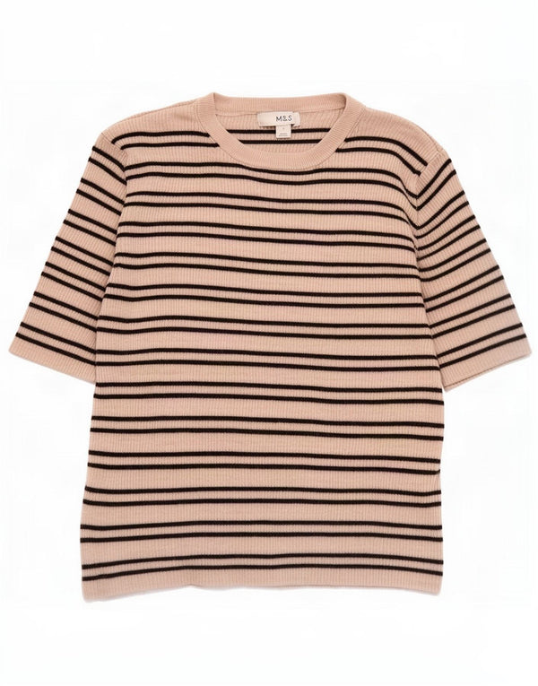 Marks & Spencer Womens T-Shirt Top UK 14 Large Beige Striped Viscose