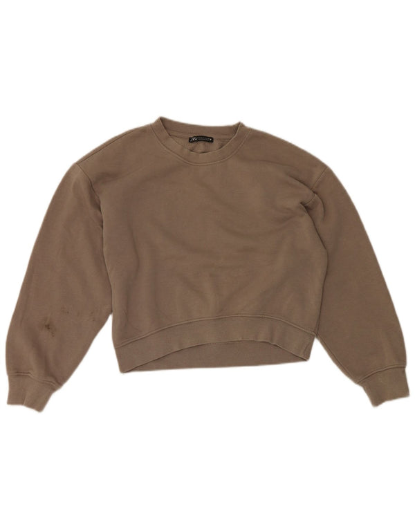 Zara Womens Crop Relaxed Fit Sweatshirt Jumper UK 8 Small Brown Cotton