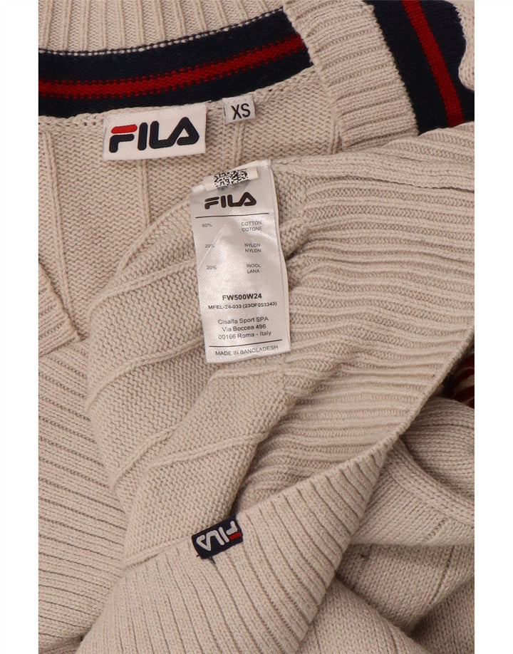 FILA Womens Oversized Crop V-Neck Jumper Sweater UK 6 XS Beige Cotton