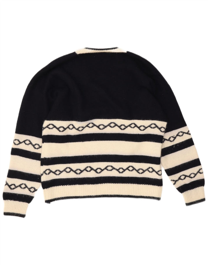 Vintage Mens V-Neck Jumper Sweater Medium Navy Blue Geometric