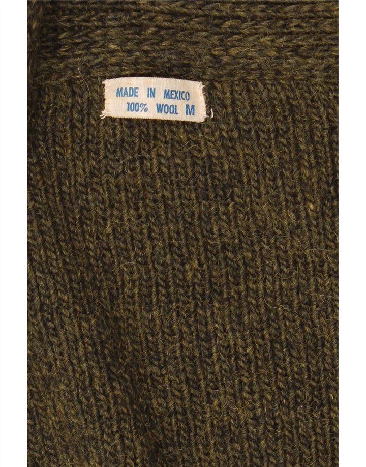 Vintage Womens Open Cardigan Sweater UK 14 Medium Khaki Geometric Wool