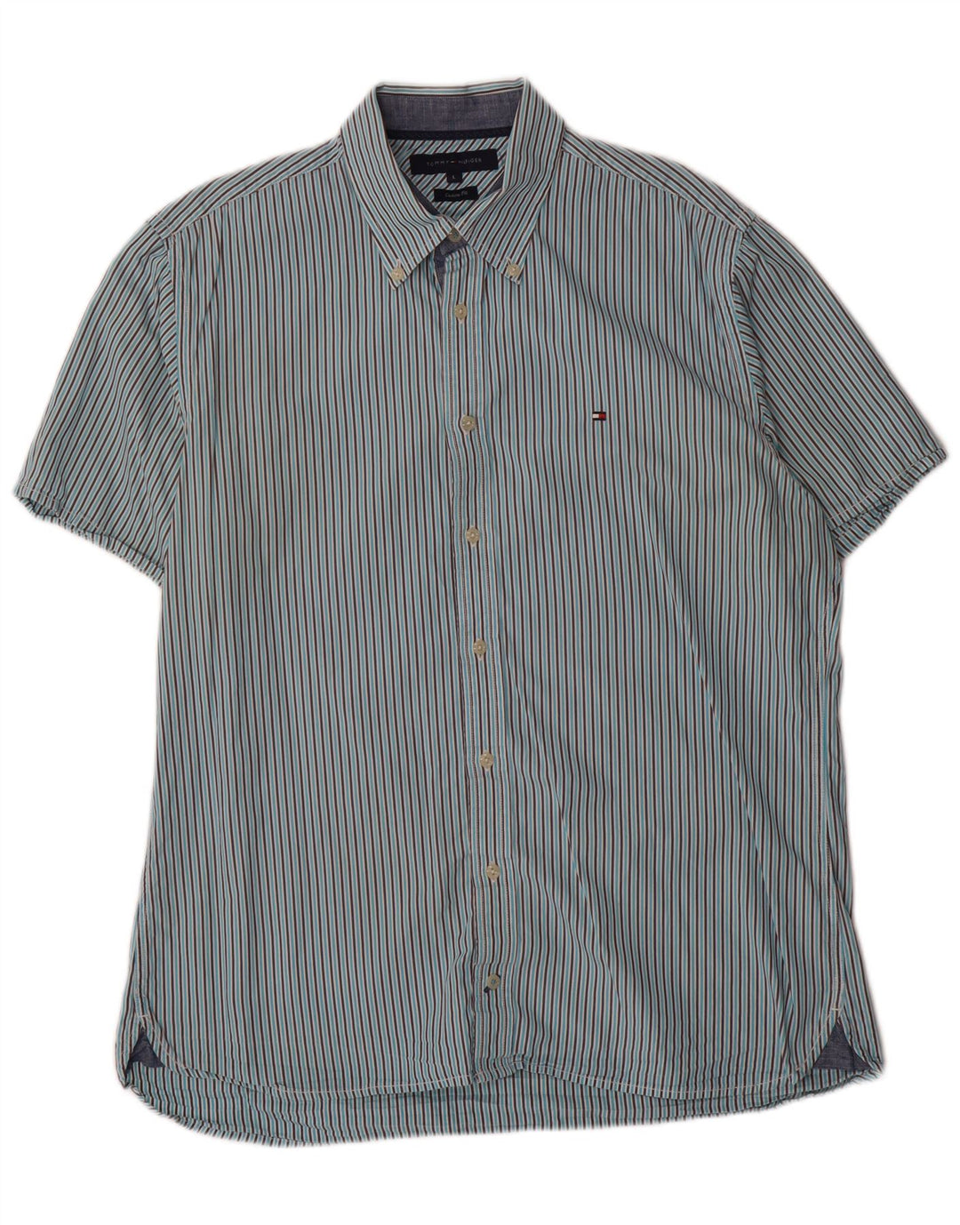 TOMMY HILFIGER Mens Custom Fit Short Sleeve Shirt Large Blue Striped