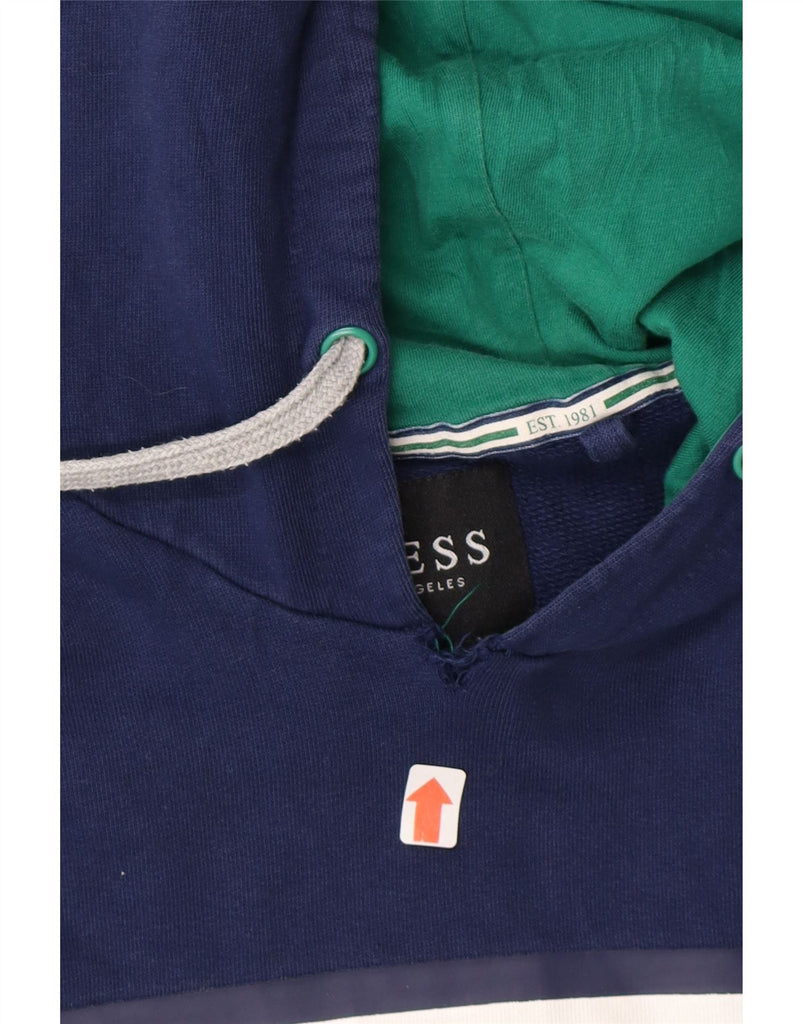 GUESS Mens Graphic Hoodie Jumper UK 40 Medium Navy Blue Cotton Vintage Guess and Second-Hand Guess from Messina Hembry 