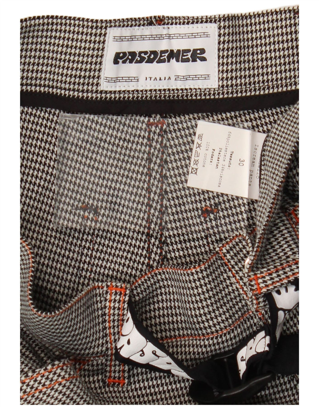 Pas De Mer Mens Graphic Cargo Trousers W30 L30 Black Houndstooth Cartoon