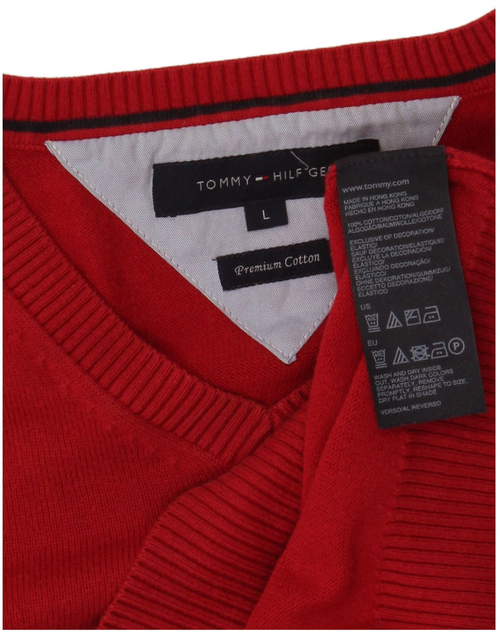 Tommy Hilfiger Mens V-Neck Jumper Sweater Large Red Cotton